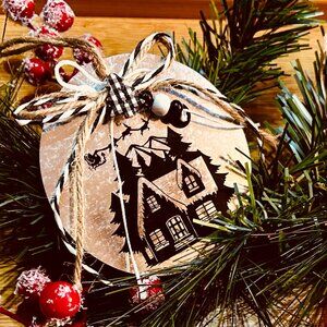 Santa’s Country Cabin Fly-By – Rustic Christmas Ornament